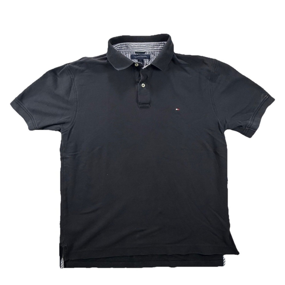 Tommy Hilfiger Polo Shirt Mens Medium Logo Rugby Solid Black Collared Custom Fit
